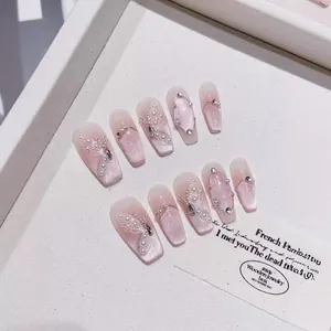 Handmade Pink Cat Eye Press On Nails Long Coffin Shape With Butterfly Pearl Rhinestone Luxury French Style Fake Nails For Women Decoration