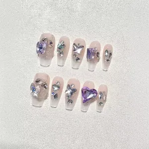 Sparkling purple heart gemstone handmade press-on nails in long coffin shape design