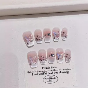 Luxury Handmade Press On Nails With 3D Butterfly Cat Eye Effect Gradient French Style Silver Pink Rhinestone Artificial Pearl False Nails