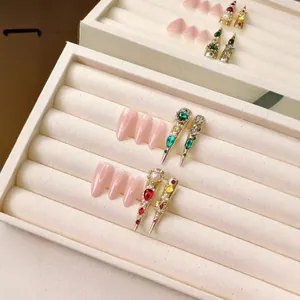 Handmade Luxury Imperial Style Long Stiletto False Nails Faux Gemstone Artificial Pearl Decorated Nude Pink Gold Press On Nails For Women