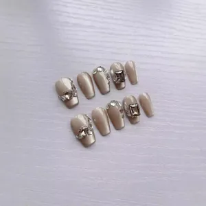 Fait à la Main Or Champagne Oeil de Chat Boucles d'Oreilles Avec Strass Luxueux Paillettes Faux Ongles pour Femmes