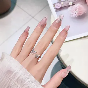 Pink gradient long trapezoid press-on nails with 3D butterfly, pearls and rhinestones