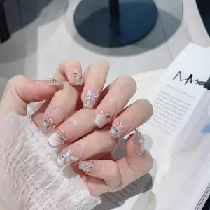 Handmade butterfly cat-eye press-on nails with luxury rhinestones and silver chains