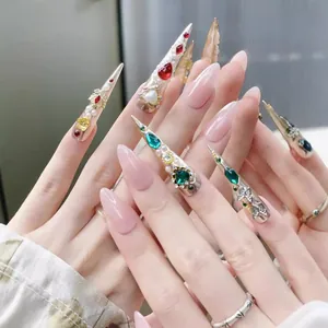 Exquisite 3D handmade stiletto press-on nails with luxury gemstones and floral accents