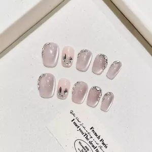 Handmade Cat Eye Press On Nails With Rhinestone Artificial Pearl Accents Short Square Round False Nails Glossy Elegant Manicure For Women