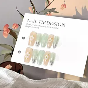 Handmade Press On Nails Long Coffin Cat Eye French Style Elegant White Flower Silver Edge Luxury Fake Nail Set