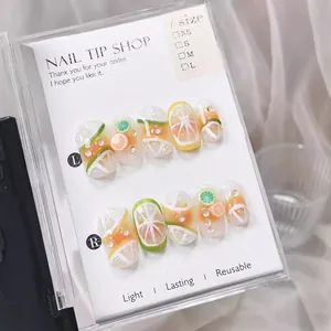 Handmade Fruit 3D Lemon Pattern Press On Nails Fresh Cute Resin False Nails With Rhinestones For Women Summer Manicure