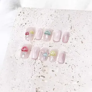 Handmade 3D Mushroom Pink Purple Cat Eye Press On Nails Cute Sweet Fairy Tale Style False Nails For Women Decorative Manicure Art
