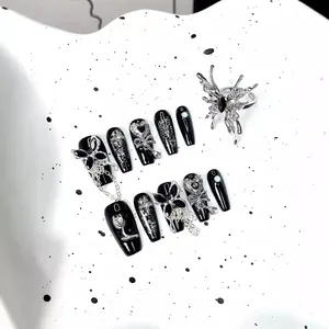 Gothic 3D coffin press-on nails set with silver butterfly charms and cat relief