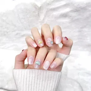 Short clear purple cat eye press-on nails with 3D colorful mushroom resin decorations