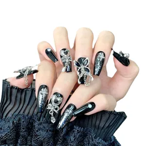 Y2K dark aesthetic press-on nails with silver 3D metal butterfly and chain charms