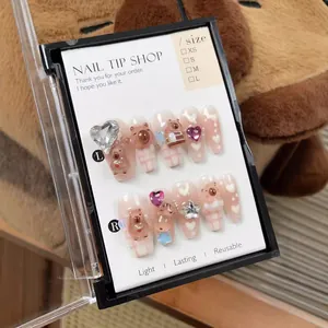 Handmade Sweet Pink Checkered Press On Nails With 3D Bear Heart Rhinestone Long Trapezoid Reusable Fake Nails For Women