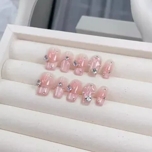 Handmade Pink Gradient Press On Nails Set With Butterfly Rhinestone Artificial Pearl Decoration Elegant Coffin Shape False Nails For Women