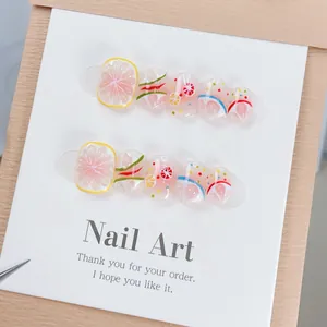 Uñas Postizas Hechas a Mano Fruta de Verano Relieve 3D Patrón Limón Pomelo Cortas Cuadradas Redondas Esmalte Gel Mujer