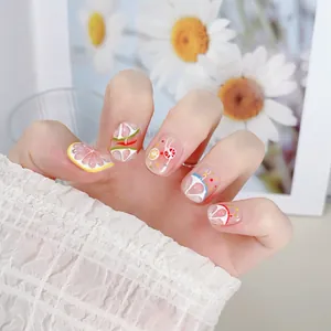 Uñas postizas hechas a mano de limón de verano con patrones de frutas 3D brillantes