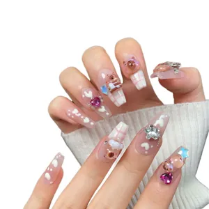 Handmade long trapezoid press-on nails with 3D teddy bears, pink hearts and checkers