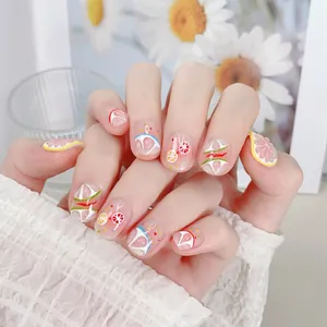 Uñas postizas cortas y redondas hechas a mano con frutas 3D y diseño de limón fresco