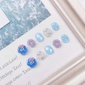 Handmade Kids Press On Nails Blue Purple Resin Sweet Cartoon 3D Star Cloud Bow Decoration Girls Fashion Artificial Nails