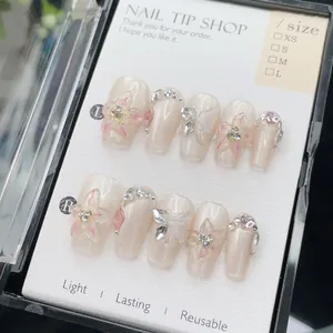 Handmade Press On Nails 3D Flower Butterfly Rhinestone Design Gradient Nude Pink Short Coffin Fake Nails For Women