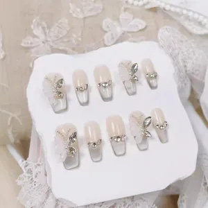 Uñas Postizas Hechas a Mano 3D Mariposa Ojo de Gato Degradado Francés Uñas Falsas Decoración Strass Perla Artificial Forma Ataúd Oval Nail Art para Mujeres