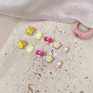 Kids Handmade Press On Nails Cute Cartoon Star Heart Pattern Short False Nails For Girls Nail Art Set For Birthday Party