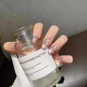 Handmade Pink Cat Eye Press On Nails Long Coffin Fake Nails With Butterfly Decoration And Rhinestone French Gradient For Women