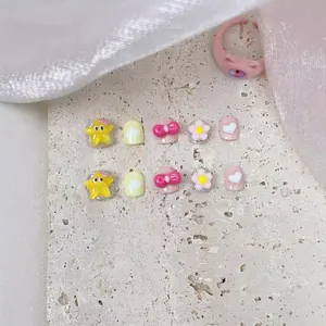 Handmade 3D cartoon press-on nails for girls with cute stars, clouds and flowers