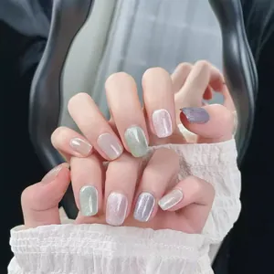Handmade Luxury Cat Eye Press On Nails Colorful Glitter Short Trapezoid Shape Fake Nails For Women Beauty Manicure Tool