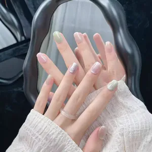 Short square rainbow cat eye press-on nails with glitter finish and gradient effect