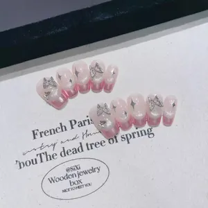 Handmade Pink Gradient Cat Eye French Press On Nails With 3D Silver Butterfly Star Pattern Fake Nails And Butterfly Ring