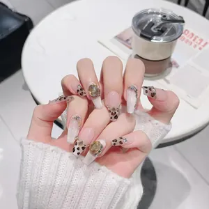 Faux Ongles à Coller de Luxe Imprimé Léopard Avec Gemmes Ambre Strass Forme Coffin Français Réutilisables Pour Femmes