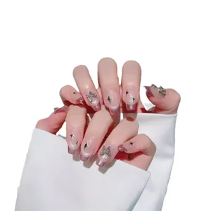 Handmade silver french butterfly coffin press on nails with pink purple gradient effect