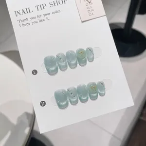 Handmade Cat Eye Gel Press-on Nails Chinese Style Pearls Bowknot Design Reusable Short Square Artificial Fake Nails Women