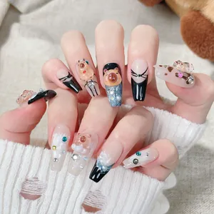Uñas Postizas Hechas a Mano 3D Dibujos Animados Capibara Ataúd Largo Con Decoración De Perlas Y Diamantes Para Mujer