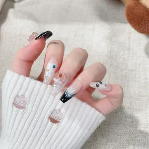Uñas postizas hechas a mano con oso 3D, degradado de purpurina y strass de colores