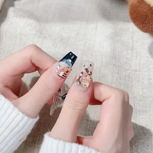 Uñas postizas 3D hechas a mano para Navidad con oso lindo y pedrería brillante