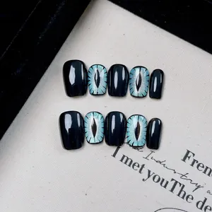 Handmade Blue Cat Eye Press On Nails Black Mysterious Evil Eye Finished Artificial Fingernail Patches Women Makeup Nails