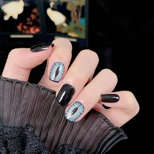 Short square handmade blue cat-eye press-on nails with mystical dragon eye pupil design