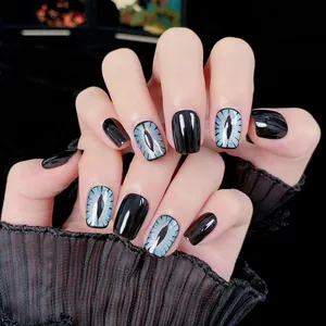 Short square black and blue cat-eye handmade press-on nails with glossy resin finish