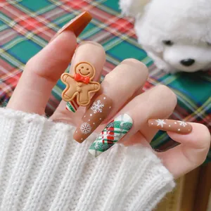 Faux ongles de Noël faits main avec bonhomme de pain d'épices 3D et motifs de flocons