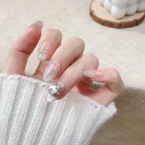 Handmade gradient white cat eye press-on nails with pearls and teardrop crystals