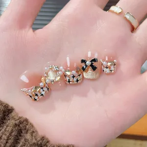 Handmade Cat Eye Press On Nails With Pearls Rhinestones Luxury French Blush Pink Bowknot Reusable False Nails For Women