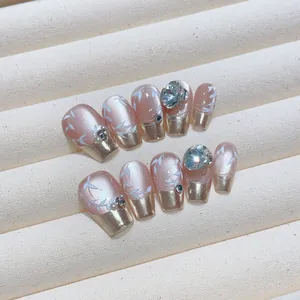 Handmade French Press On Nails Luxury Champagne Gold Edge Tulip Design Pink Fake Nails With Rhinestones Artificial Pearls Reusable Nails