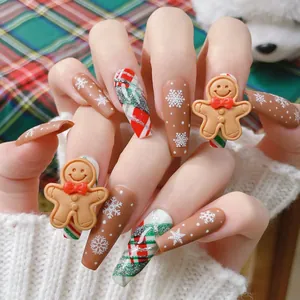 Faux ongles de Noël avec bonhomme de pain d'épice et flocons de neige de forme ballerine
