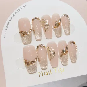 Handmade Luxury Cat Eye Butterfly Press On Nails Coffin Shape Gold Pink Gradient Rhinestone Reusable Elegant French False Nails