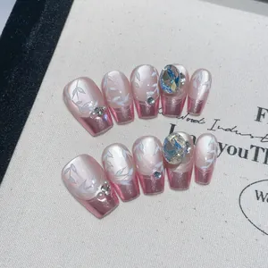 Handmade French Press On Nails Purple Pink Cat Eye Tulip Pattern Rhinestone Artificial Pearl Decor Elegant Fake Nails For Women