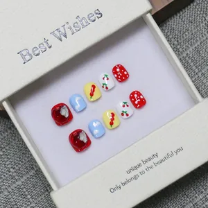 Handmade Children Press On Nails Cute Cartoon Apple Cherry Pattern 3D Resin Full Cover False Nails For Kids Girls Gift