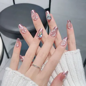 French luxury long ballerina press-on nails with nude gradient and rhinestone leaf design