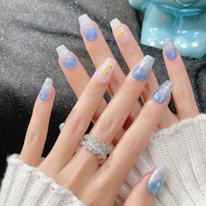 Blue cat eye press-on nails with cute yellow duck patterns and sparkling glitter