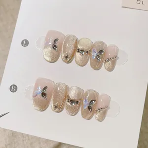 Faux Ongles à Presser Papillon 3D Fait à la Main Luxe Zircone Or Champagne Œil de Chat Élégant pour Femme